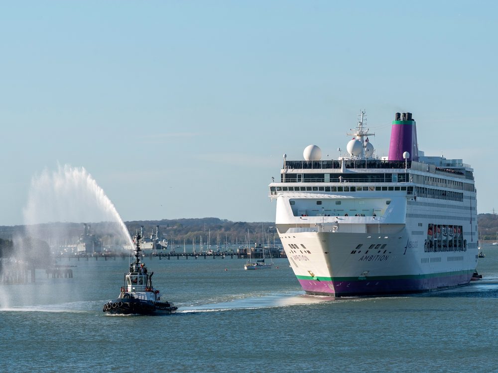 MV Ambition leaving Portsmouth at the start of her cruise